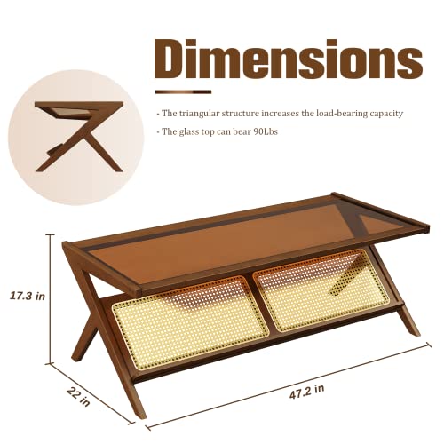 Rattan Coffee Table with Glass Top Mid-Century Modern Center Table with Storage for Living Room Table Brown