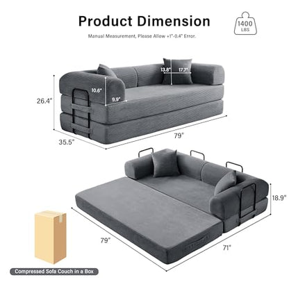 79" Convertible Sofa Bed, 5-in-1 Corduroy Boneless Couch Bed Sofa Pull Out, Memory Foam Couch, No Assembly Futon Couches for Living Room Dark Grey