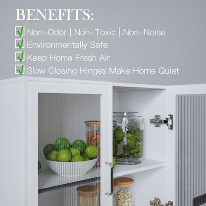 48" Kitchen Wall Cabinets 4 Doors - Laundry Upper Wall Amount Storage Cabinets with Acrylic Soft Glass Doors, in White, One Set of 2 Pieces