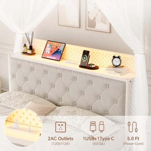 Queen Size Canopy Bed Frame with Charging Station and LED Lights, view 7
