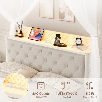 Queen Size Canopy Bed Frame with Charging Station and LED Lights, view 7