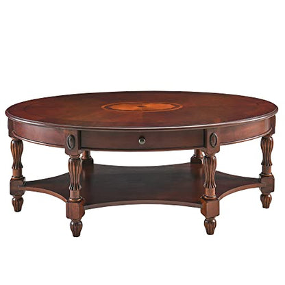 Solid Wood Coffee Table with Drawer and Storage Shelf, Traditional Living Room Cocktail Tea, Oval Center Carvings Side Vintage 46''Lx 29''Wx18.2''H Cherry Walnut KFZ1533WD-DR