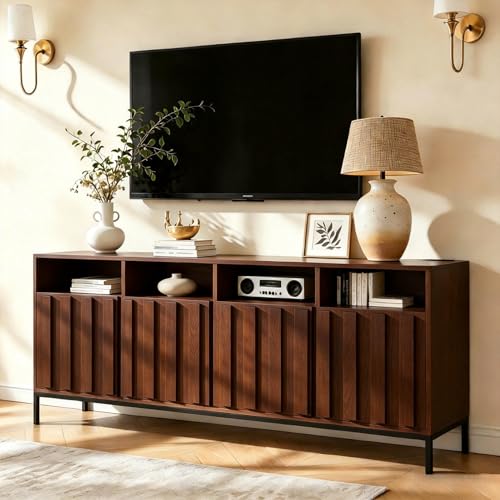 70" Walnut Fluted TV Stand for up to 80" TVs with Power Outlets, view 2