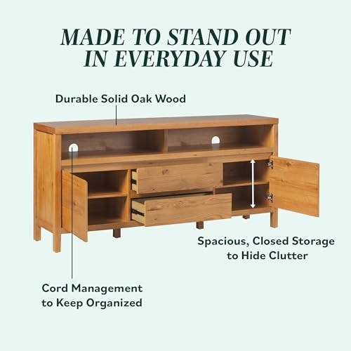 Nash Modern Farmhouse Rustic Solid Oak Wood Sideboard with Storage, 65 inch, White Oak