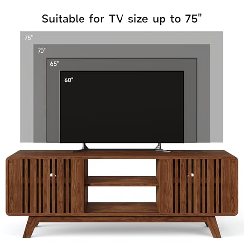 63-Inch TV Stand for TVs up to 75 Inch, Mid-Century Modern Television Stand with Power Outlet, Entertainment Center with Sliding Grille Door Cabinets and Open Shelves for Living Room, Walnut
