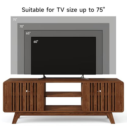 63-Inch TV Stand for TVs up to 75 Inch, Mid-Century Modern Television Stand with Power Outlet, Entertainment Center with Sliding Grille Door Cabinets and Open Shelves for Living Room, Walnut