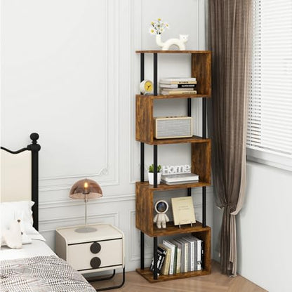 6-Tier Tall Bookshelf,S-Shaped Geometric Bookcase,Brown WBC016H | Wood Display Shelves with Storage Industrial Decorative Storage Shelving for Living Room Bedroom Home Office
