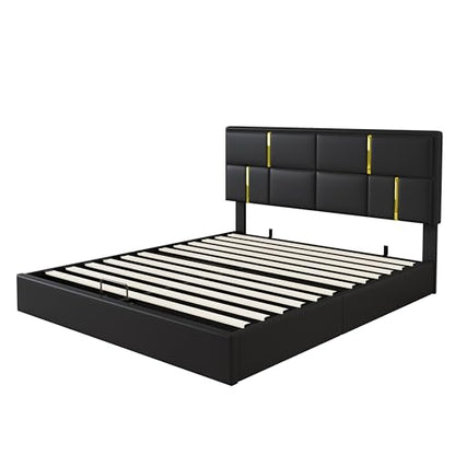 2-Pieces Bedroom Sets, Queen Size PU Upholstered Platform Bed with Hydraulic Storage System, Wood Platform Bed Frame with Metal Legs Storage Ottoman for Kids Teens Adults Bedroom, Black