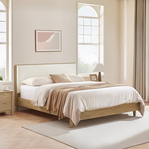 CHITA Queen Size Platform Bed Frame, with Boucle Upholstered Headboard, Oak, view 2
