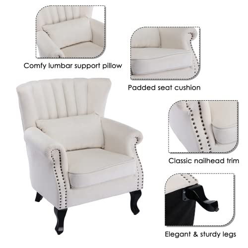 Mid-Century Modern Accent Chair Comfy Single Sofa Chair Channel Back Armchair with Small Pillow for Living Roon Bedroom Club - Velvet, Cream