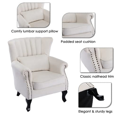 Mid-Century Modern Accent Chair Comfy Single Sofa Chair Channel Back Armchair with Small Pillow for Living Roon Bedroom Club - Velvet, Cream