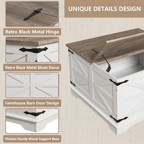 Farmhouse Coffee Table, Heavy-Duty Coffee Table with Storage, Square Wood Center Table Set for Living Room with Pull Up Large Hidden Storage Compartment, Maple White