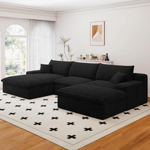 107" Cloud Sectional Couch with U-Shaped Chaise,Corduroy Viral Boneless Sofa with Ottoman,Memory Foam Couches in a Box with Deep Seat for Living Room,No Assembly Required (Black,Left-Facing Chaise)