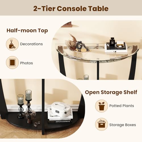 2-Tier Glass Console Table, Half Moon Modern Entryway Table with Tempered Glass Top & Open Storage Shelf, Narrow Long Sofa Table for Living Room, Hallway, Foyer, Entrance (Black)