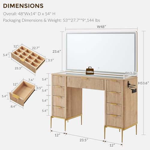 48" Fluted Makeup Vanity Desk with 48" Large Mirror and HD Lights, view 3