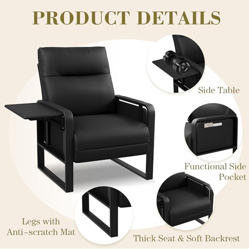Black Accent Chair PU Leather Upholstered Armchair with Side Table | Modern Ergonomic Accent Chair for Living Room Bedroom Reading Chair with Side Pocket Corner Chair Office Reception Side Chair