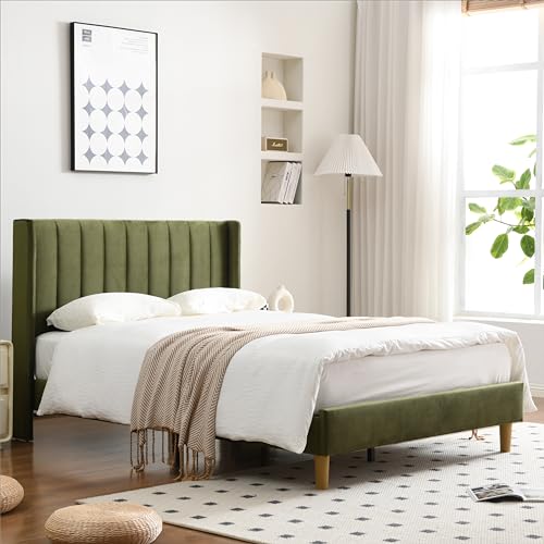 Full Bed Frame，Platform Bed with Upholstered Headboard，Grass Green, view 2