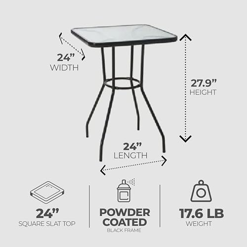 Sunny Isles 24 Inch Outdoor Patio Bistro Dining Table Backyard Squared Furniture with Tempered Glass Tabletop, Black