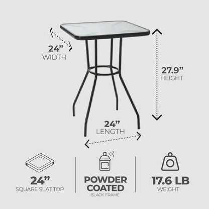 Sunny Isles 24 Inch Outdoor Patio Bistro Dining Table Backyard Squared Furniture with Tempered Glass Tabletop, Black