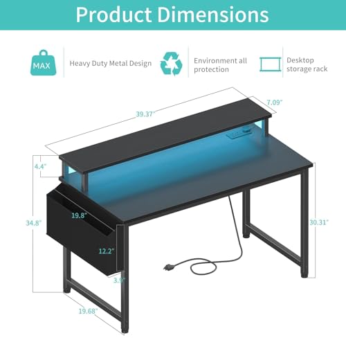 Black Gaming Desk with LED Lights and Power Outlets, view 4