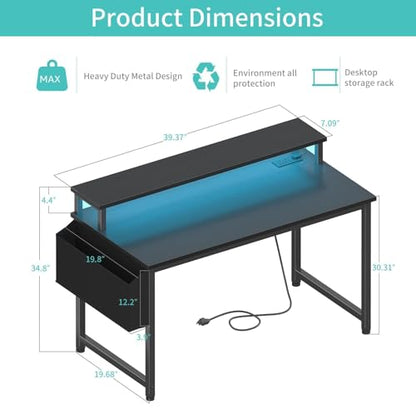 Black Gaming Desk with LED Lights and Power Outlets, view 4