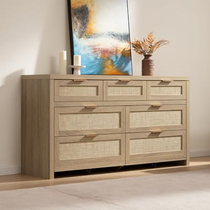 7 Drawer Rattan Dresser for Bedroom, 57" Wide Dresser, view 3