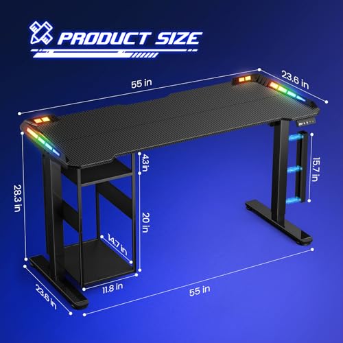 Gaming Standing Desk with LED Lights & Host Shelf, 55" x 24" Gaming Table with Music Sensing APP Control, Underdesk Cable Storage Electric Standing Desk, Black Carbon Fiber PC Table for Home Office