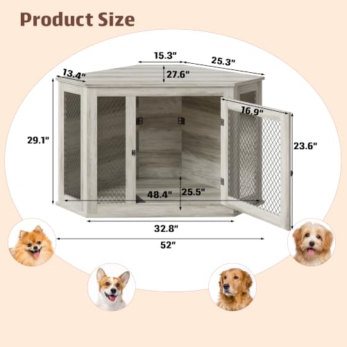 52 inch Corner Dog Crate Furniture, Wooden Dog Kennel Furniture with Mesh, view 3