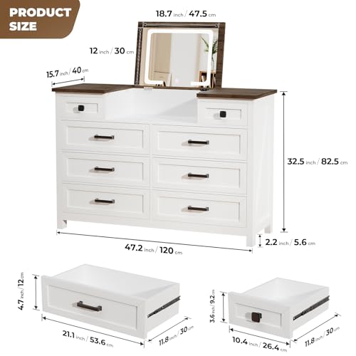 Dresser with LED Mirror, 8 Drawers, Farmhouse, for Bedroom, White, view 3