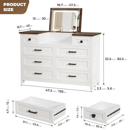 Dresser with LED Mirror, 8 Drawers, Farmhouse, for Bedroom, White, view 3