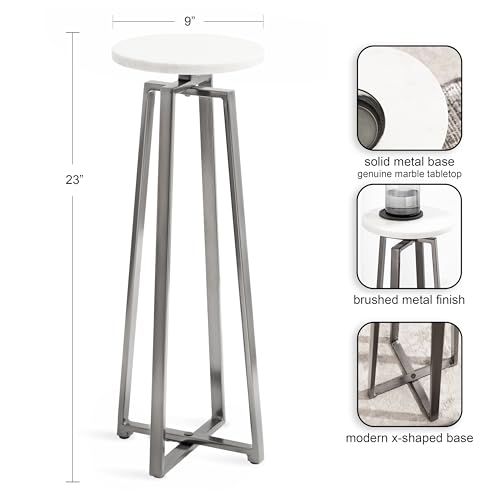 Zia Modern Marble Round Drink Table; 9 x 9 x 23; White and Gray Gunmetal; Decorative Pedestal Table for Living Room Display and Storage