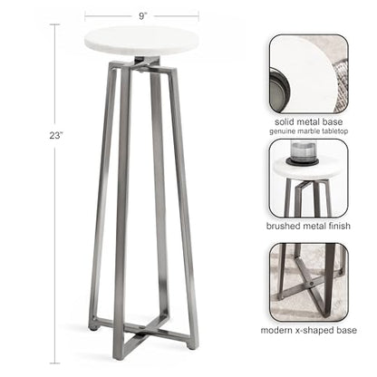 Zia Modern Marble Round Drink Table; 9 x 9 x 23; White and Gray Gunmetal; Decorative Pedestal Table for Living Room Display and Storage