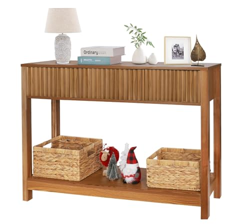 Fluted Console Table with Storage, 48" Long Entryway Slim Sofa Table Behind Couch Entry Tables, Narrow Wood Hallway Modern Living Room Couch Foyer Entrance Tables Brown
