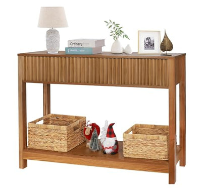 Fluted Console Table with Storage, 48" Long Entryway Slim Sofa Table Behind Couch Entry Tables, Narrow Wood Hallway Modern Living Room Couch Foyer Entrance Tables Brown