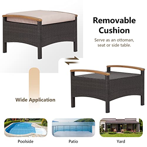 Outdoor Wicker Ottomans for Patio - 2 Pieces PE Rattan Ottoman, Footrest Seat with Zippered Cushions, Acacia Wood Handles, 3-in-1 Footstool, Side Table for Poolside, Backyard (Brown)