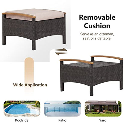 Outdoor Wicker Ottomans for Patio - 2 Pieces PE Rattan Ottoman, Footrest Seat with Zippered Cushions, Acacia Wood Handles, 3-in-1 Footstool, Side Table for Poolside, Backyard (Brown)