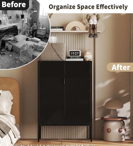 Black Metal Storage Cabinet with 2 Doors - 47''H Locker Cabinet, 3 Tier Locker Door with Adjustable Shelves,Metal Sideboard for Home, Living Room,Office Kitchen and Bathroom