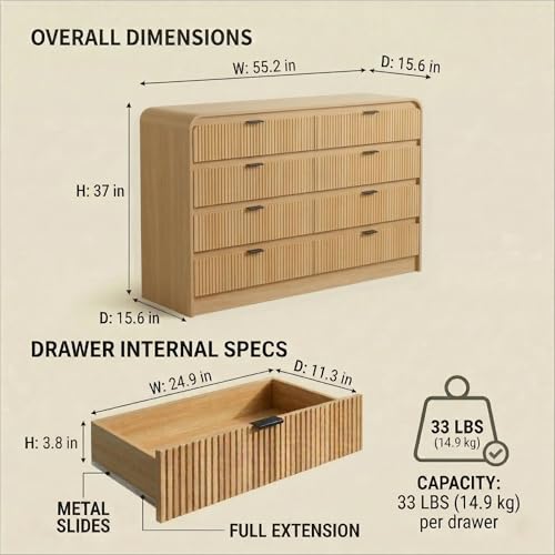 Fluted Wood Dresser with Metal Handles and Curved Profile, Natural Oak, view 3