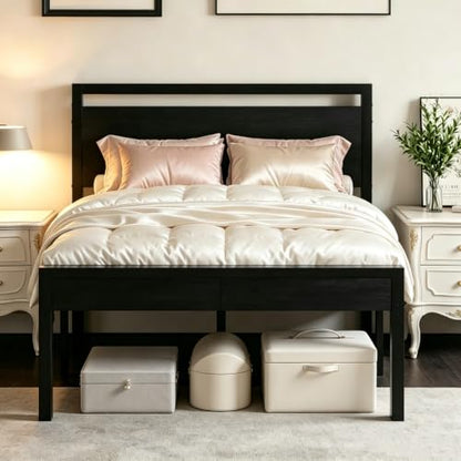 Metal Full Bed Frame with Wood Headboard, Black Platform Bed, view 2