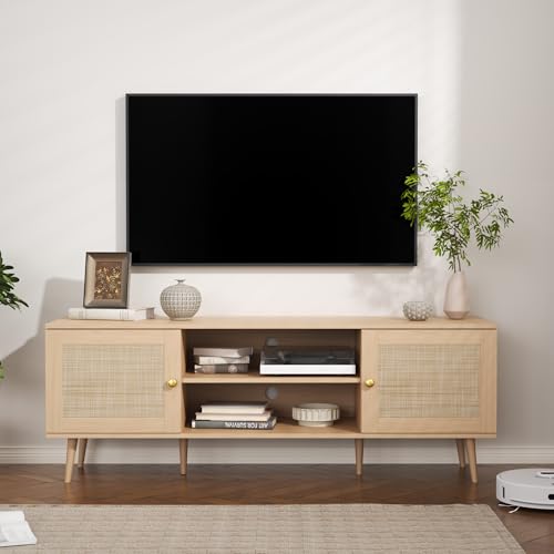 Rattan TV Stand for 55/60/65/70 inch TV, Boho 59" Entertainment Center with Storage, Modern Mid Century Media Console with Rattan Doors and Adjustable Shelf, Wood TV Stand for Living Room, Oak