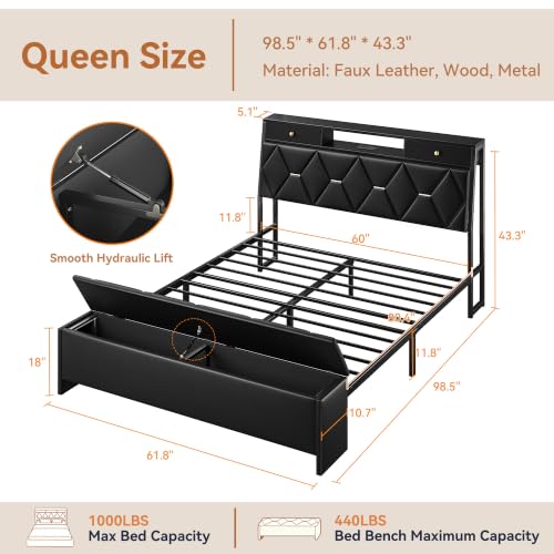 Queen Bed Frame with Storage Headboard and Drawers, PU Leather, view 3