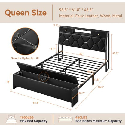 Queen Bed Frame with Storage Headboard and Drawers, PU Leather, view 3