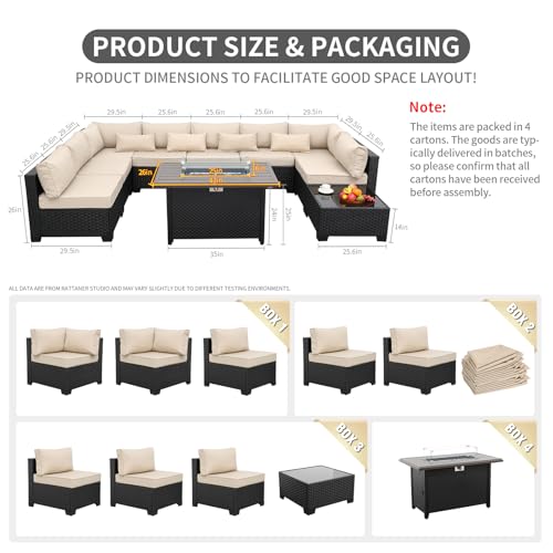 10 Pieces Outdoor Sectional All-Weather Wicker Patio Furniture Set Patio Sectional and Steel Fire Table and Glass Patio Table Non-Slip Cushions and Waterproof Covers, Khaki