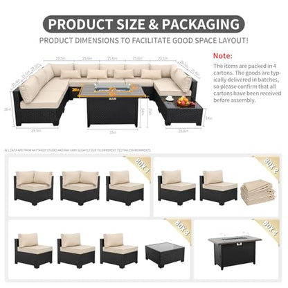 10 Pieces Outdoor Sectional All-Weather Wicker Patio Furniture Set Patio Sectional and Steel Fire Table and Glass Patio Table Non-Slip Cushions and Waterproof Covers, Khaki