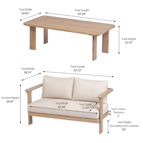 Kera Acacia Wood Outdoor Loveseat and Coffee Table Set, 2 Piece Patio Furniture Set with Water-Repellent Cushion, Solid Wood Outdoor Conversation Set, Beige+Brown