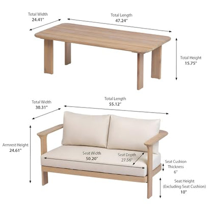 Kera Acacia Wood Outdoor Loveseat and Coffee Table Set, 2 Piece Patio Furniture Set with Water-Repellent Cushion, Solid Wood Outdoor Conversation Set, Beige+Brown