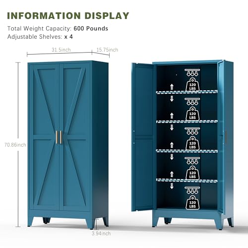 Home Farmhouse Storage Cabinet with Barn Door, Tall Kitchen Pantry Cupboard with Adjustable Shelves, for Dining Room, Bathroom, Living Room Blue.
