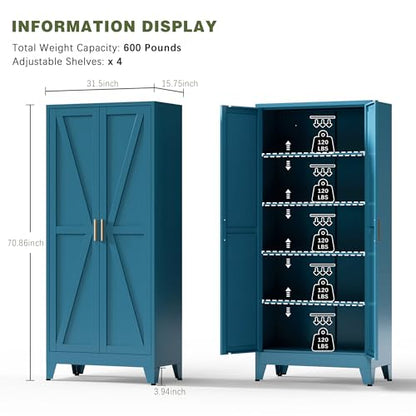 Home Farmhouse Storage Cabinet with Barn Door, Tall Kitchen Pantry Cupboard with Adjustable Shelves, for Dining Room, Bathroom, Living Room Blue.