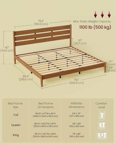 King Bed Frame, Wood Platform Bed with Headboard Storage Shelf, view 3