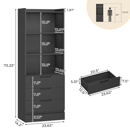 Bookcase with 3 Drawers and Shelves 73.23'' Tall Bookshelf with Storage Modern Wood Closet Drawers System,Closet Organizer Unit Freestanding Tall Storage Cabinet for Home Office,Bathroom,Black